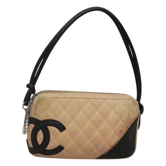 CHANEL Cambon Line Matelasse Shoulder Bag Lamb Skin Beige Black - Picture 1 of 15